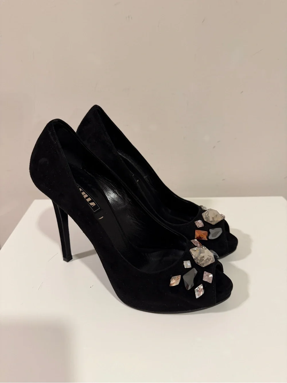 Le Silla Black Suede Crystal Embellished Peep Toe Stiletto Heels EU 36 - Picture 6 of 8